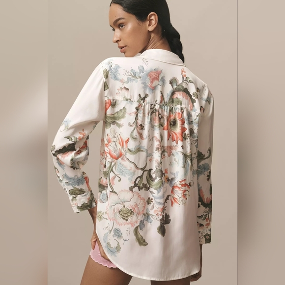 Anthropologie The Brielle Relaxed Buttondown Blouse Cream Floral Shirt - Picture 7 of 13
